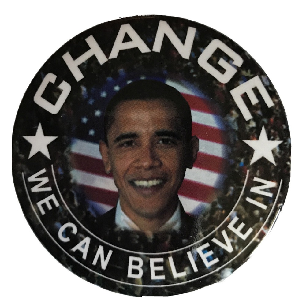 Political Pin Pinback Button 3" Obama "Change We Can Believe In" Photo Blue Bord